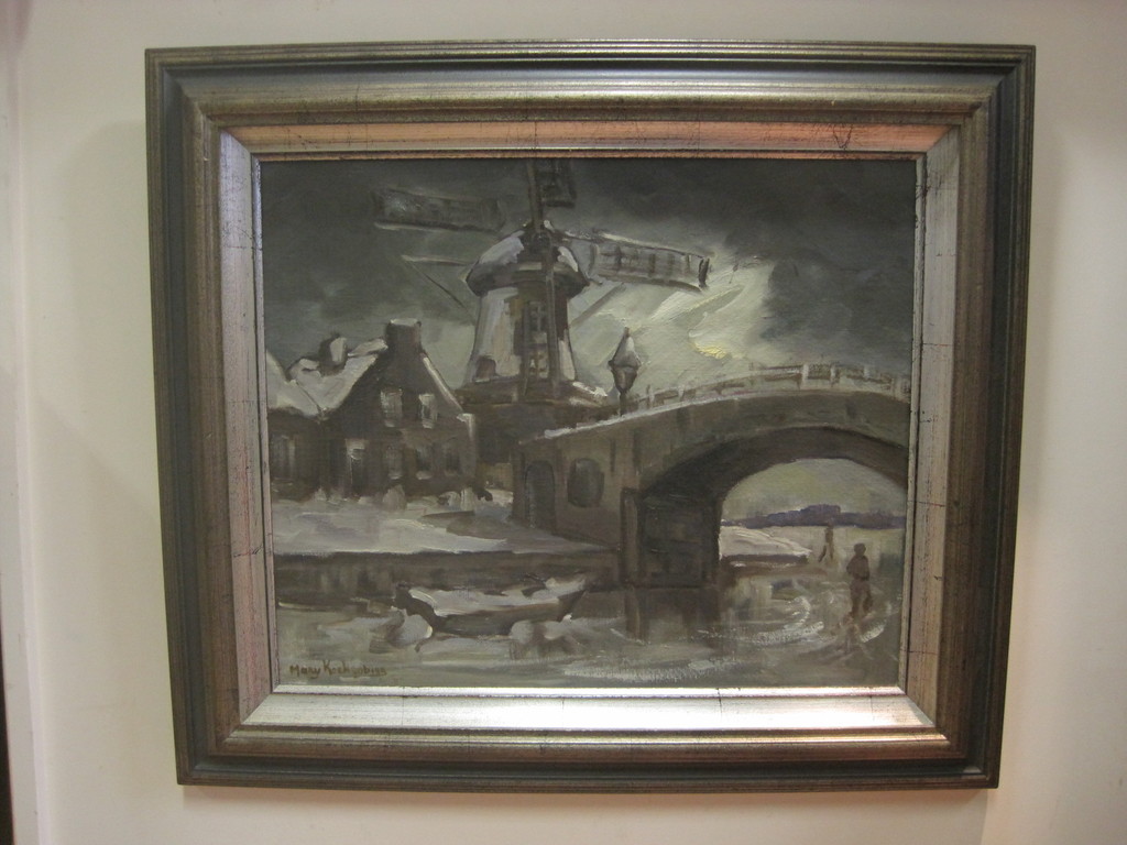 Mary Koekenbier (1942-) "winter in Alkmaar bij Molen van Piet" groot olieverf ! kopen? Bied vanaf 1!