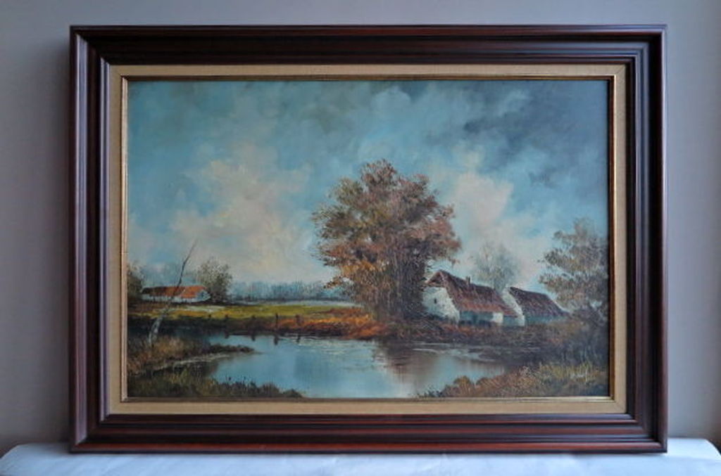 Groot schilderij onduidelijke signatuur-gelijst olieverf/doek - Polderlandschap kopen? Bied vanaf 1!