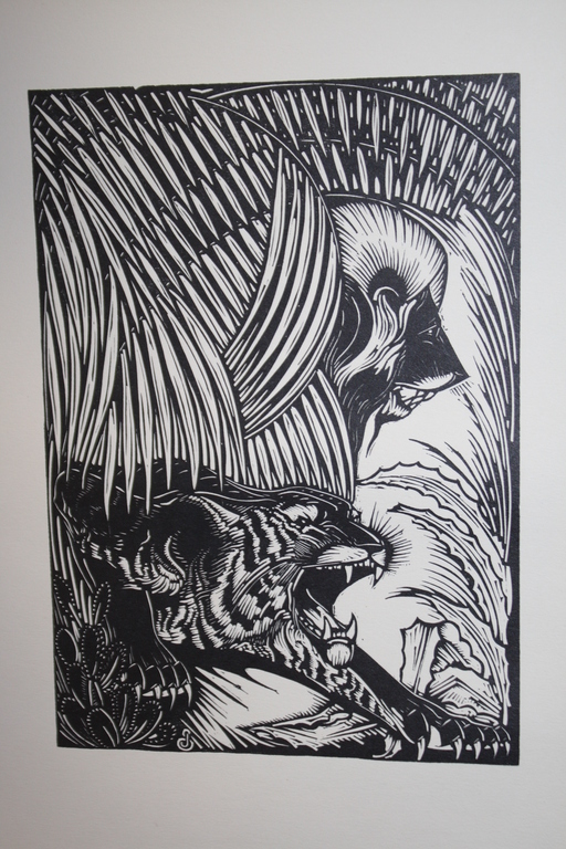 JAN SCHONK - ART DECO HOUTSNEDE 1926 -  DE TIJGER EN DE LEEUW verkocht voor € 39!