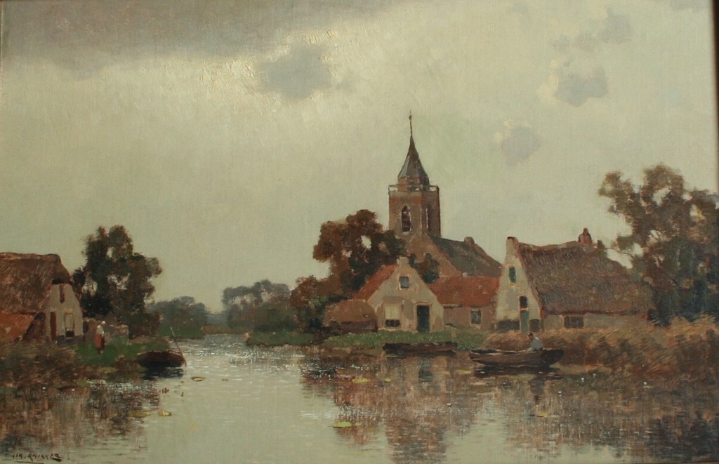 Jan Simon Knikker Sr. - olieverf op doek - dorps tafereel aan het water verkocht voor € 420!
