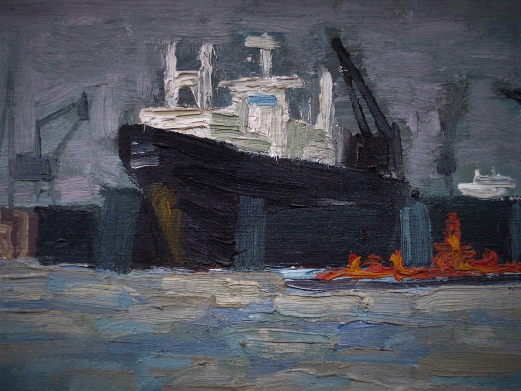Interessant olieverf op doek ca. 1960 "Haven van Amsterdam" monogram "AT"  kopen? Bied vanaf 1!
