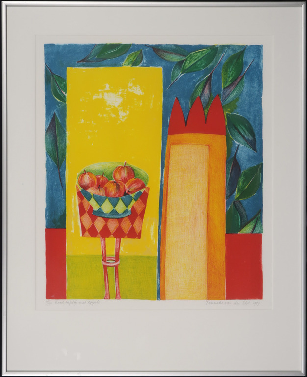 Fenneke van der Elst: Litho, Rood tafeltje met appels - Ingelijst kopen? Bied vanaf 1!