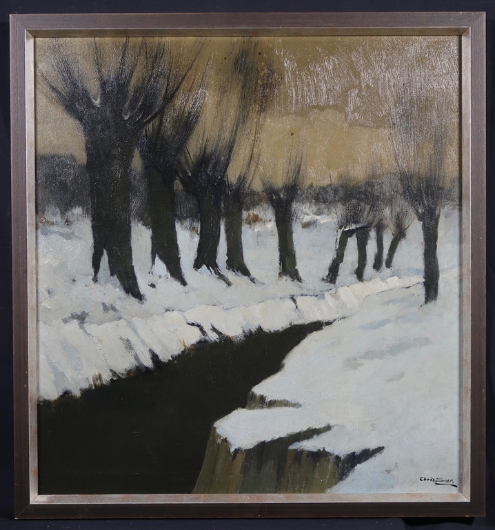 Christiaan Soer: Olieverf op doek, Winterlandschap met knotwilgen - Ingelijst verkocht voor € 75!