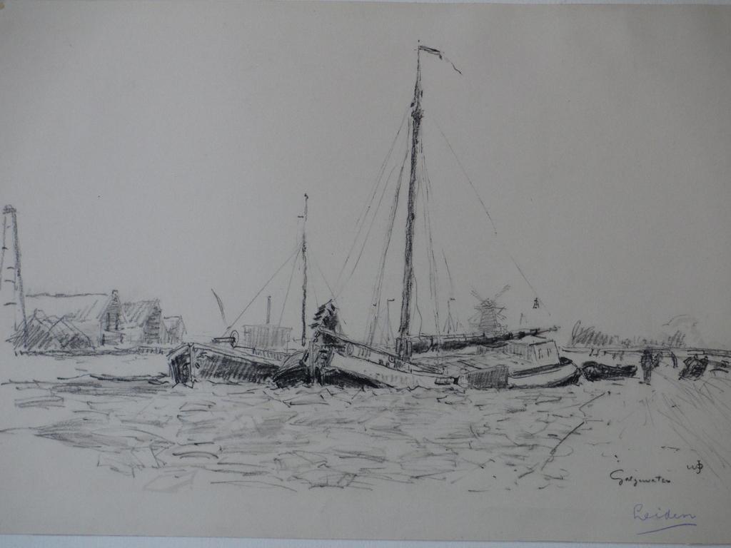 Willem Jans Dijk, Galgenwater Leiden in Winter, Tekening verkocht voor € 90!