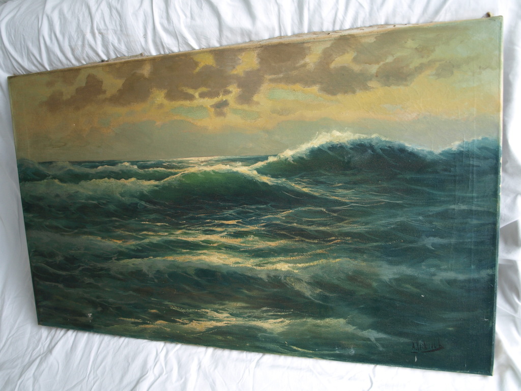 Onduidelijke signatuur : Olieverf op doek , Zeegezicht – 60 x 100 cm kopen? Bied vanaf 125!