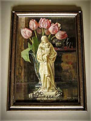 Betsie Issels - 1934 - Delfts Impressioniste - olieverf "Maria met rozenkrans en Tulpen" verkocht voor € 36!