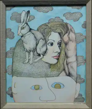 Henny van Diest - Ingelijst, Gemengde techniek, Vrouw met Konijn – Lijst, 39 x 34 cm - 1980 verkocht voor € 45!