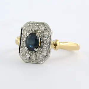 18k bicolor gouden ring met saffier en single cut geslepen diamanten tot. 0.14ct kopen? Bied vanaf 200!