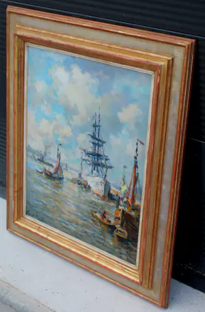 Evert Moll - Ingelijste maroufle (olieverf op doek op board): 3 master in haven kopen? Bied vanaf 699!