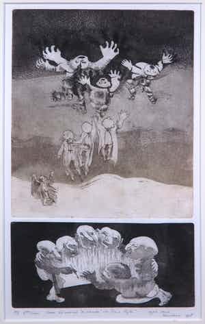 Riet Schultheiss - Twee etsen op een vel papier, "Naar het verhaal Sözleri van Franz Kafka" verkocht voor € 35!