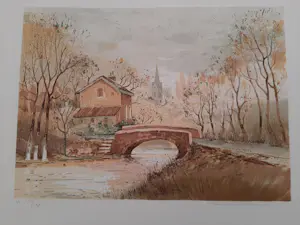 Allain Renoux - Litho, titel "Bruggetje langs de rivier". kopen? Bied vanaf 35!