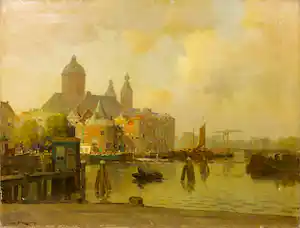 Jan Simon Knikker (jr.) - Olieverf op doek, Gezicht op de St. Nicolaaskerk en Schreierstoren te Amsterdam verkocht voor € 160!