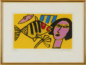 Corneille - Dame en vis (1995) met prachtige lijst. Kan zo op de muur! kopen? Bied vanaf 299!