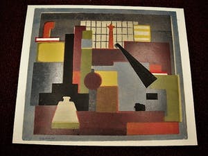 Wim Motz - Bijzondere 1956 geometrische Lithografie "Haven Rotterdam met tanker" handgesign kopen? Bied vanaf 45!