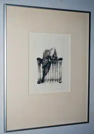 Hans Leyerzapf - Man klimt over een balustrade - ets verkocht voor € 75!