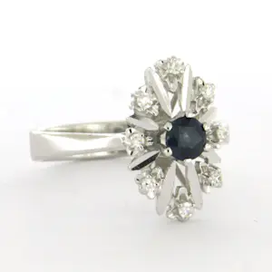 14k wit gouden ring bezet met saffier en single cut geslepen diamant tot. 0.11ct kopen? Bied vanaf 450!