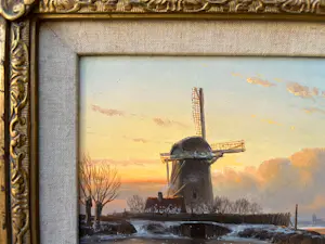 Anton Karssen - Winters landschap met vrouw op een pad bij een molen kopen? Bied vanaf 390!