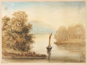 Niet of onleesbaar gesigneerd - Aquarel, Rivierlandschap met bootje - Ingelijst kopen? Bied vanaf 1!