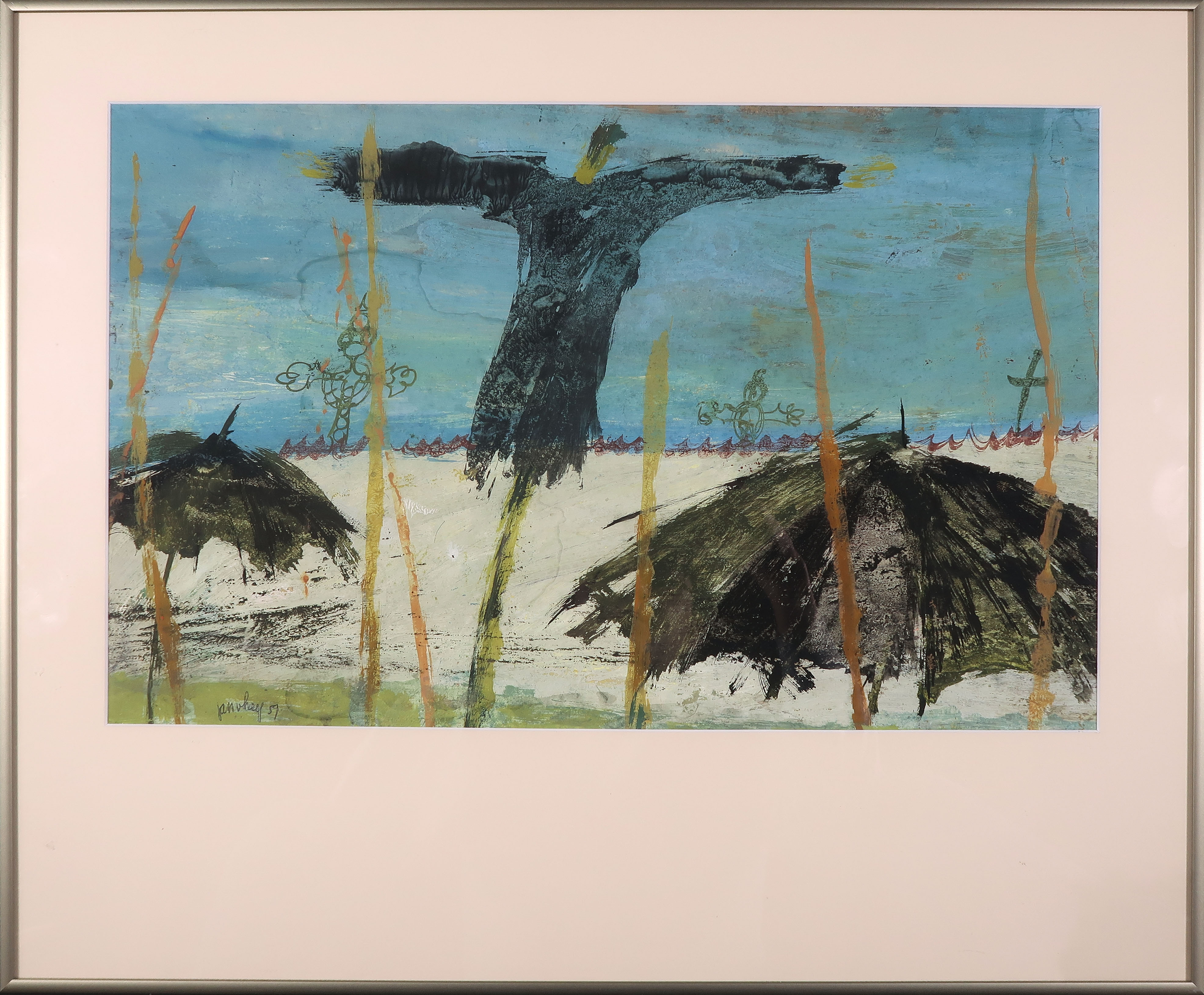 Jan van Heel - Gouache op papier, Landschap met vogelverschrikker - Ingelijst verkocht voor € 101!