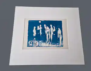 Wim Motz - Jaren 60 - bijzondere blauwe unica linosnede - Nonnen en badgasten - gesigneerd kopen? Bied vanaf 39!