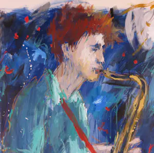 Annemarie de Groot - Acryl op papier, Saxofoon speler - Ingelijst (Groot) kopen? Bied vanaf 80!