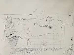 Hannes Postma - Een in 1977 gemaakte grote inkt-tekening "3 nymphen / naaktstrand" kopen? Bied vanaf 63!