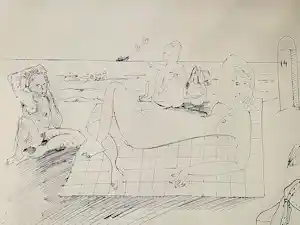 Hannes Postma - Een in 1977 gemaakte grote inkt-tekening "3 nymphen / naaktstrand" kopen? Bied vanaf 63!