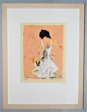Jose van Gool - Vrouw in een luchtige jurk - mooi ingelijst verkocht voor € 50!