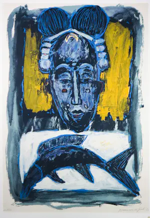 Annemarie de Groot - Zeefdruk op papier, Masker en vis - Ingelijst kopen? Bied vanaf 50!