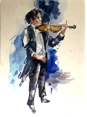 Henk Fonville - Violist - Aquarel, Ingelijst kopen? Bied vanaf 90!