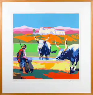 Marco Kooiman - Zeefdruk, Drinking Oxen - Ingelijst verkocht voor € 90!