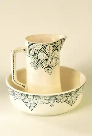 Keramiekfabriek Nimy - ntiek Art Deco lampetstel Nimy – Groen kastanjeblad decor – Jaren 20/30". verkocht voor € 35!