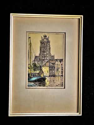 Marius Johannes Janssen - Handgekleurde Ets "Oude haven van Dordrecht" gesigneerd verkocht voor € 35!