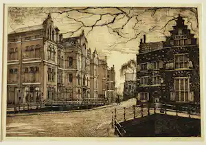 Johannes Josseaud - Fraaie Amsterdam Ets "Binnengasthuis Oudezijds Achterburgwal" in mooie lijst verkocht voor € 60!