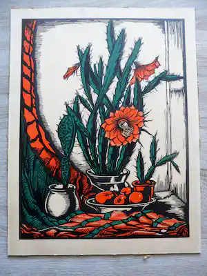 Jan Schonk - Houtsnede, Bloeiende cactus verkocht voor € 50!