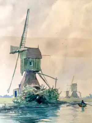 Marius Janssen - Landschap met Molen - Aquarel, Ingelijst verkocht voor € 60!