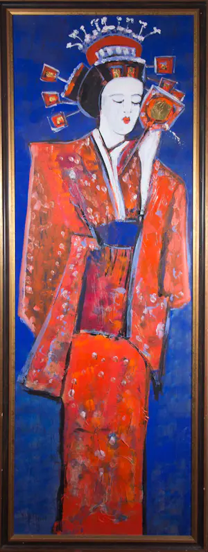 Maya Wildevuur - Acryl op paneel, Geisha met spiegel - Ingelijst (Groot) kopen? Bied vanaf 10!