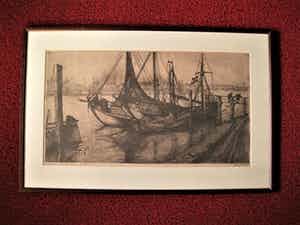 Jan Schonk - GROTE gesigneerde ets "Botters in Haven IJmuiden" omstreeks 1930 verkocht voor € 50!