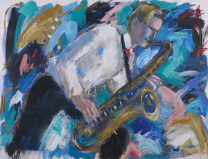 Annemarie de Groot - Acryl op papier, Saxofoon speler - Ingelijst kopen? Bied vanaf 60!