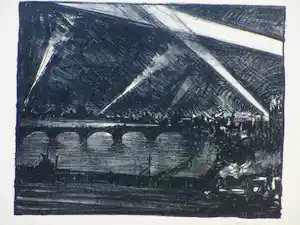 Jan Poortenaar - Zoeklichten boven de Thames - Litho verkocht voor € 50!
