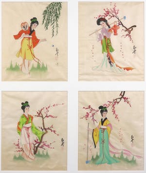 Niet of onleesbaar gesigneerd - Vier Chinese aquarellen op zijde - Ingelijst kopen? Bied vanaf 1!