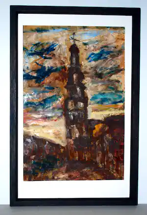 Rinus Pelgrom - Expressionistisch stadsgezicht met kerk (Amsterdam) - olieverf op papier verkocht voor € 50!