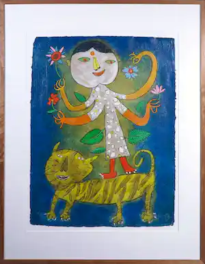 Shahid Parvez - Zeefdruk, Meisje met tijger - Ingelijst (Groot) verkocht voor € 60!