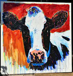 Henk Hofstra - Hofstra, koe 1,5 x 1,5 m rood/oranje verkocht voor € 255!