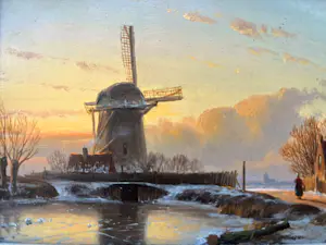 Anton Karssen - Winters landschap met vrouw op een pad bij een molen kopen? Bied vanaf 390!