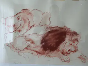 Ru van Rossem - Leeuwenpaar – Sepia krijttekening + gesigneerd boek kopen? Bied vanaf 49!