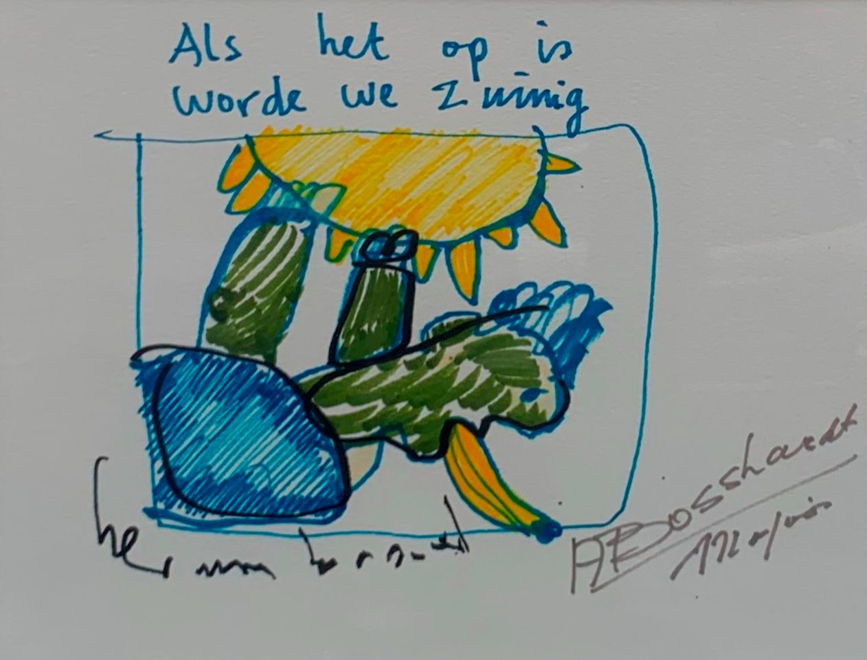 Herman Brood - + majoor Bosshardt : Ingelijste stifttekening: 'Als het op is worde we zuinig' kopen? Bied vanaf 1500!