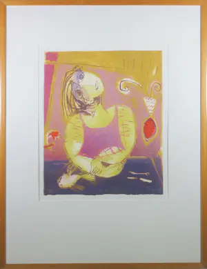 Katrien Caymax - Zeefdruk, At the tabel - Ingelijst kopen? Bied vanaf 60!