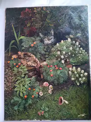 Ben Fokker - poes en eend in bloemen perk - tuintafeeel kopen? Bied vanaf 100!