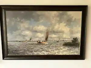 Marius de Jongere - Een van zijn laatste werken uit 1977. Platbodems op de plassen. verkocht voor € 950!